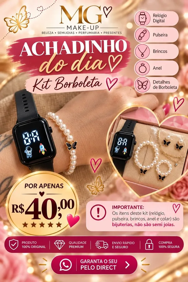 Kit Borboleta com Relógio Digital Preto