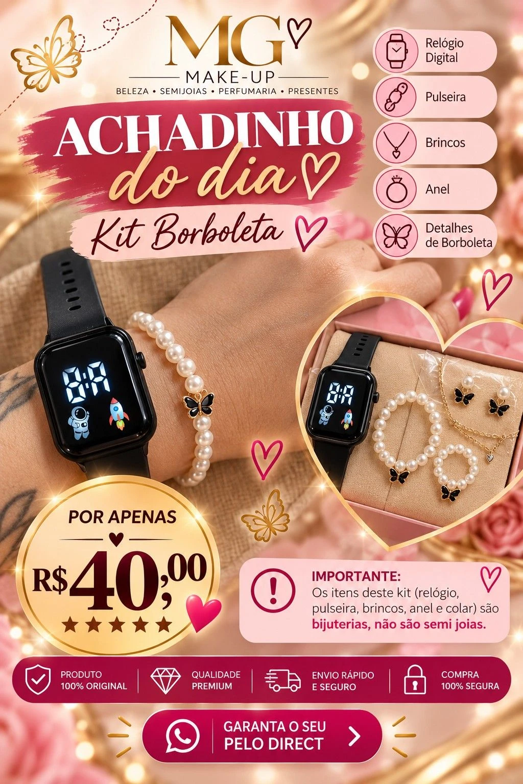 Kit Borboleta com Relógio Digital Preto - 1