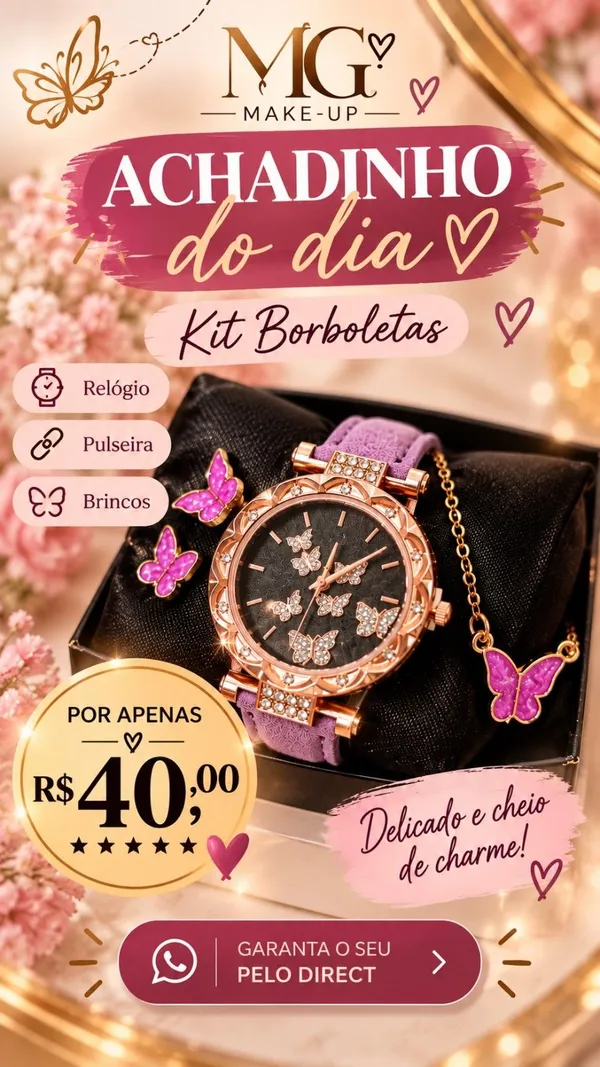 Kit Borboletas Lilás com Relógio