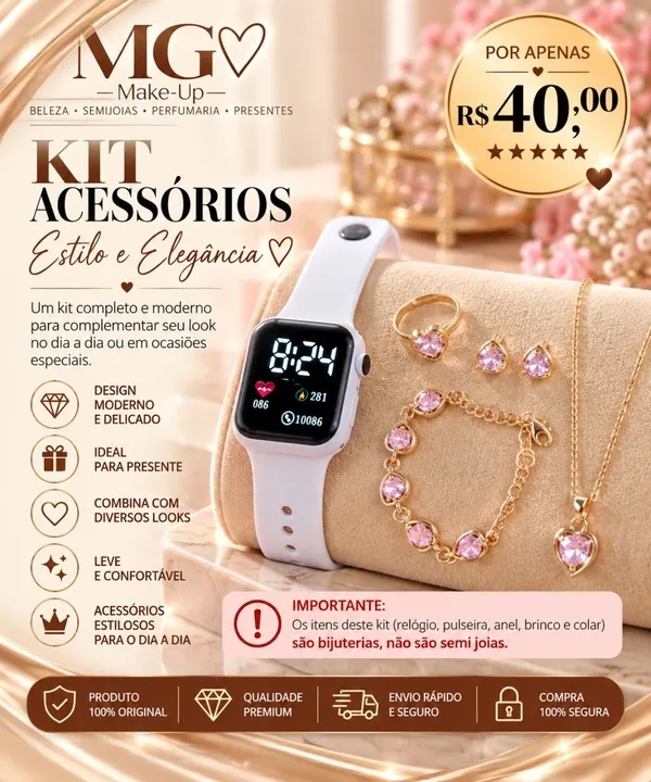 Kit Corações Rosa com Relógio Digital Branco
