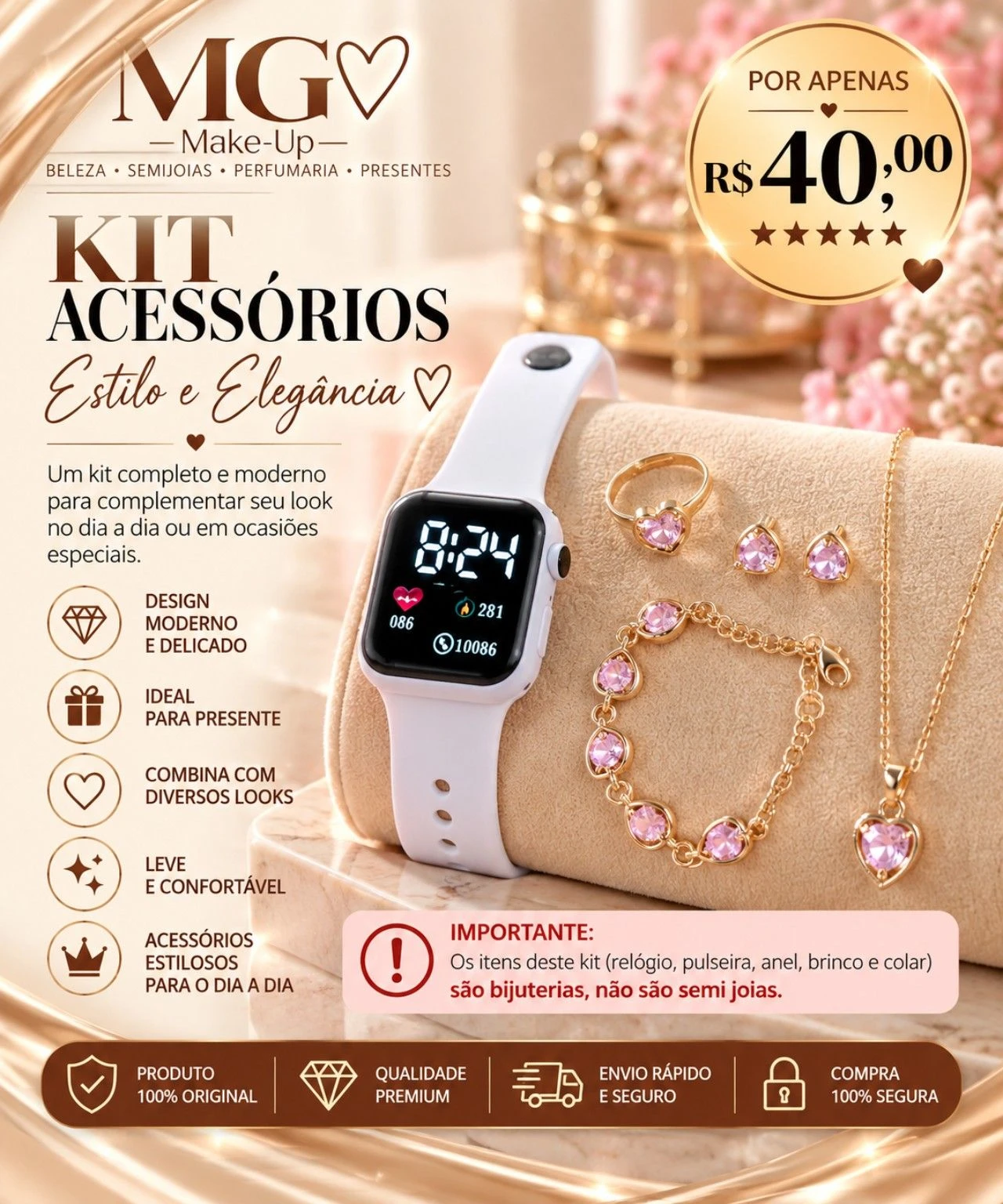 Kit Corações Rosa com Relógio Digital Branco - 1