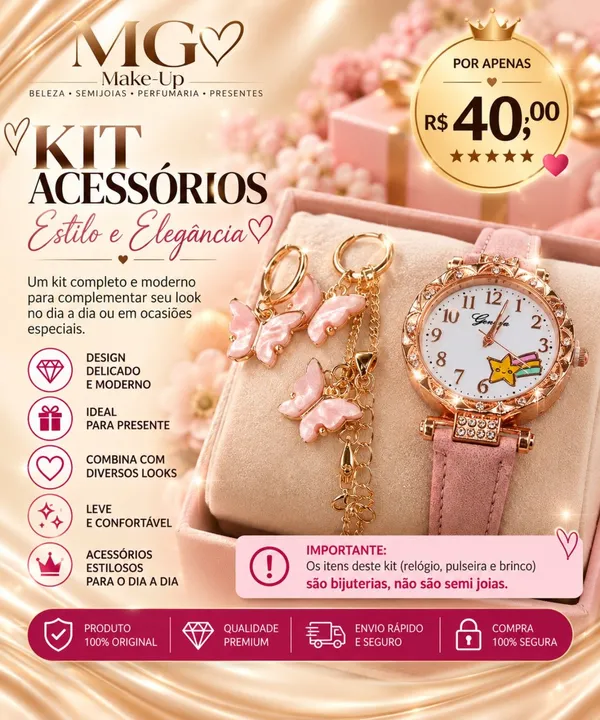 Kit Borboletas Rosa com Relógio