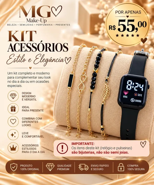 Kit Relógio Digital Preto e Pulseiras
