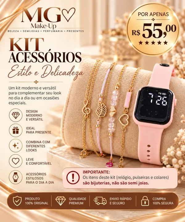 Kit Relógio Digital Rosa e Pulseiras