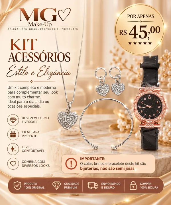 Kit Corações Prateados com Relógio Preto