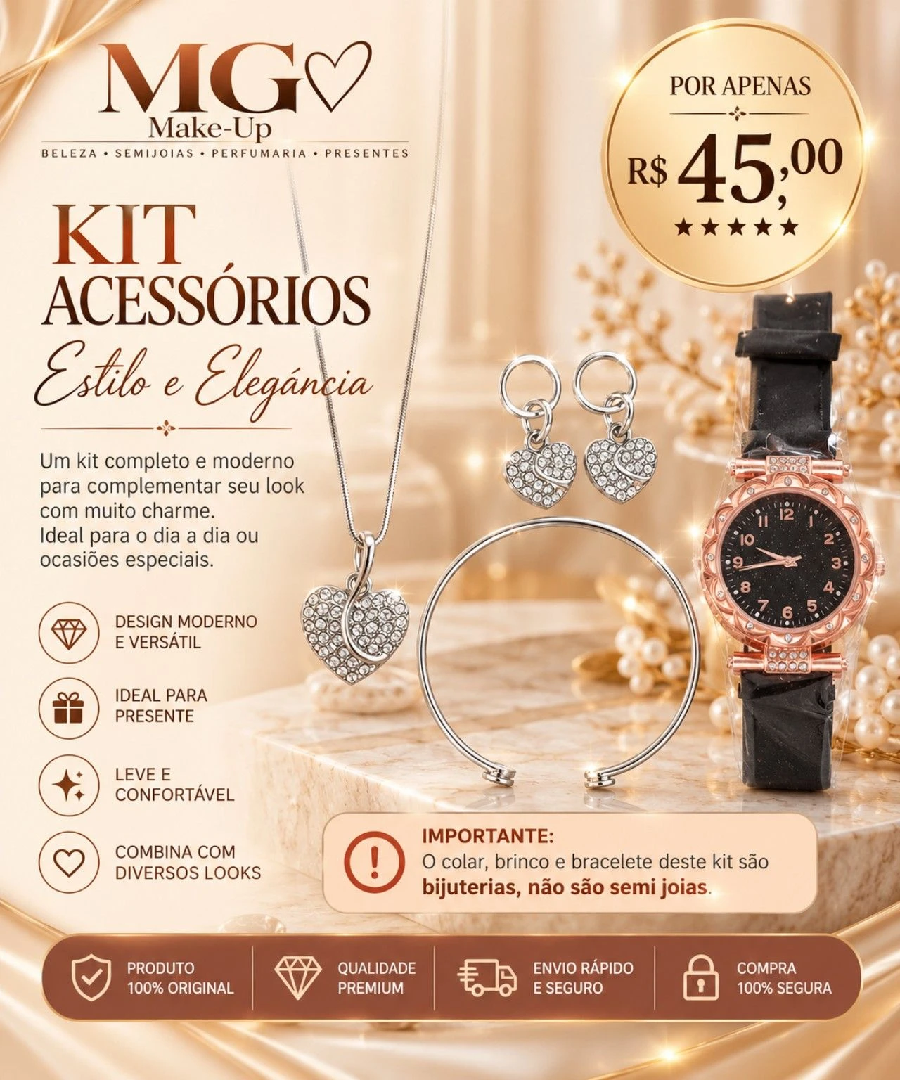 Kit Corações Prateados com Relógio Preto - 1