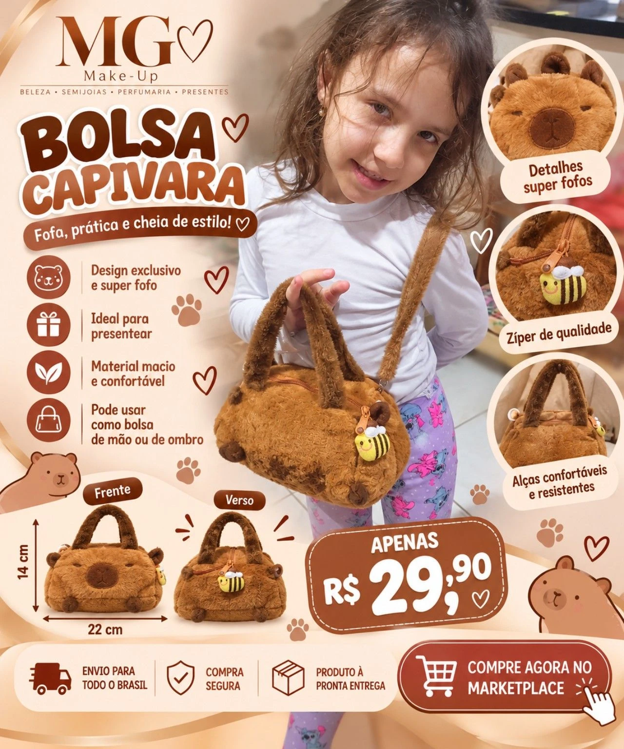 Bolsa Capivara de Pelúcia com Chaveiro de Abelha - 1