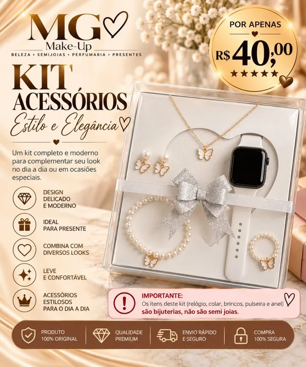 Kit Borboletas e Pérolas com Relógio Digital Branco