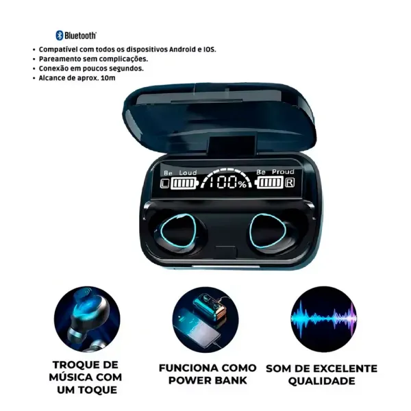 Fone de Ouvido M10 Bluetooth V5.3 sem Fio Wireless com Display LED Digital - imagem 3