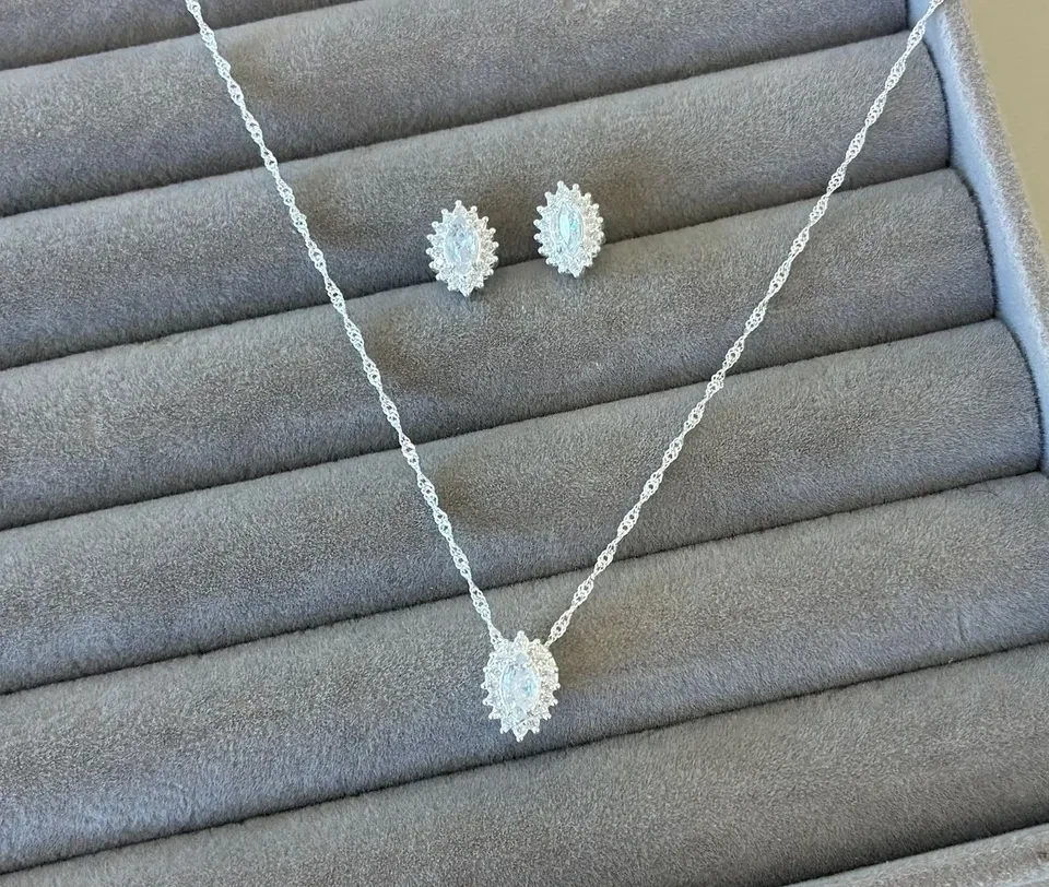 Conjunto prata navete cristal 6*3mm borda cravejada zircônias sem cor - 2