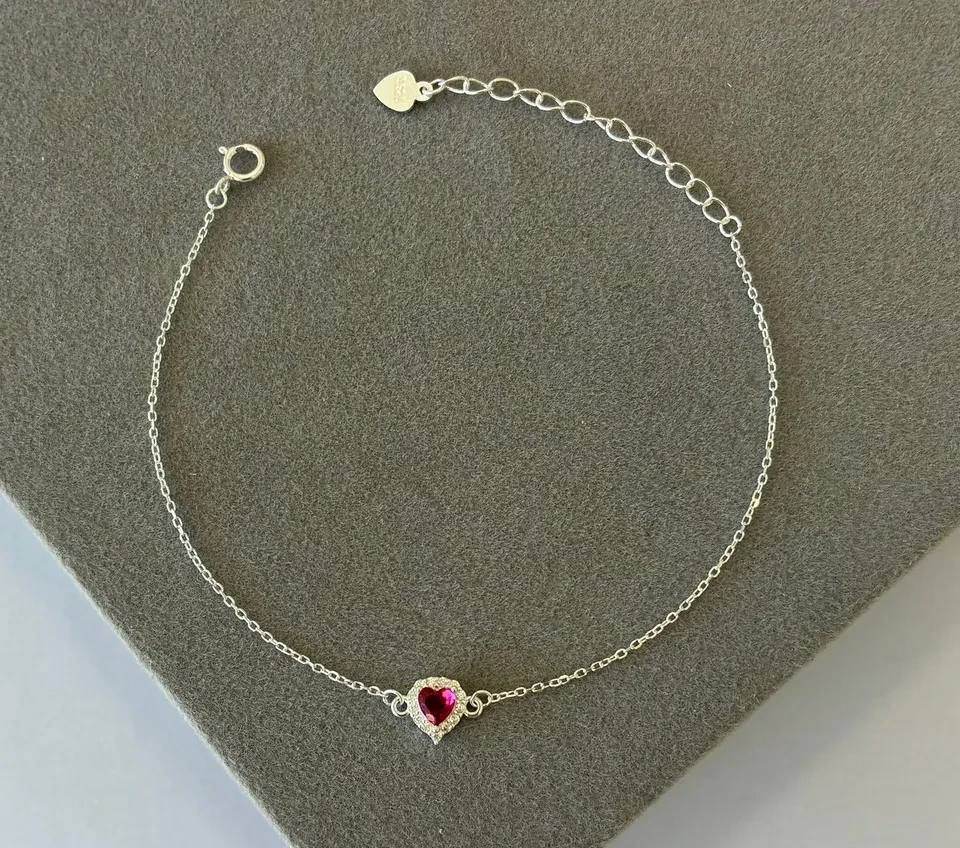 Pulseira prata cartier coração rosa escuro contorno cravejado zircônia - 1