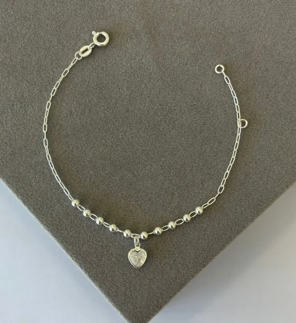 Pulseira bolinhas c/ coração cristal pendurado