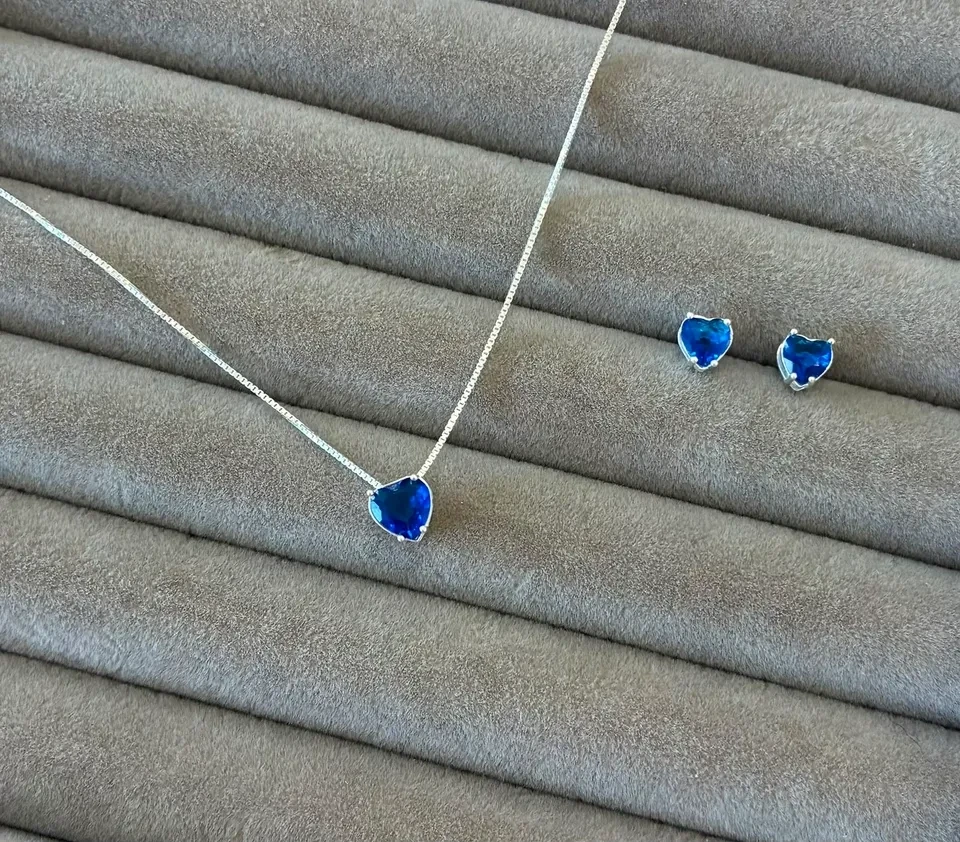 Conjunto galeria coração cristal azul escuro 50 cm - 2