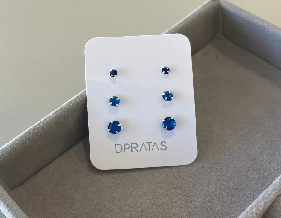 Trio de brincos zircônia redondo - Azul Royal - 3/4/5 mm - Prata 925 - 2