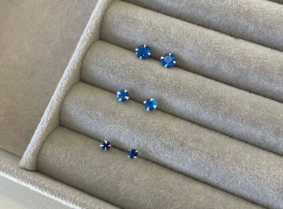 Trio de brincos zircônia redondo - Azul Royal - 3/4/5 mm - Prata 925 - 1