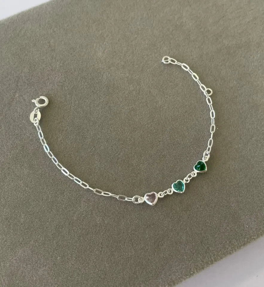 Pulseira infantil prata 925 corações com zircônia 3 16cm - 1