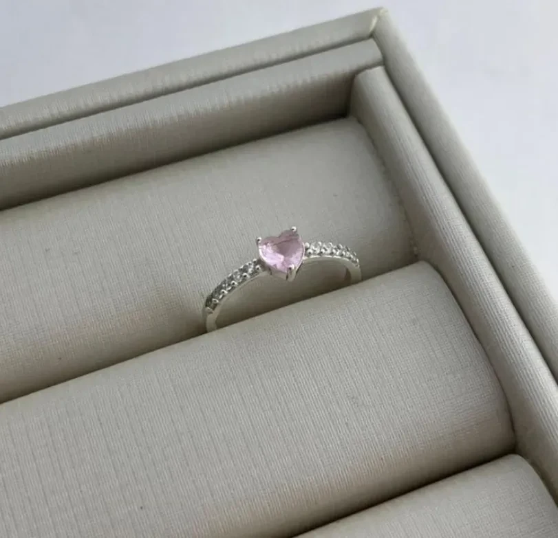 Anel solitário meia aliança coração cristal rosa claro 5x5 MM (TAM 24) - 2