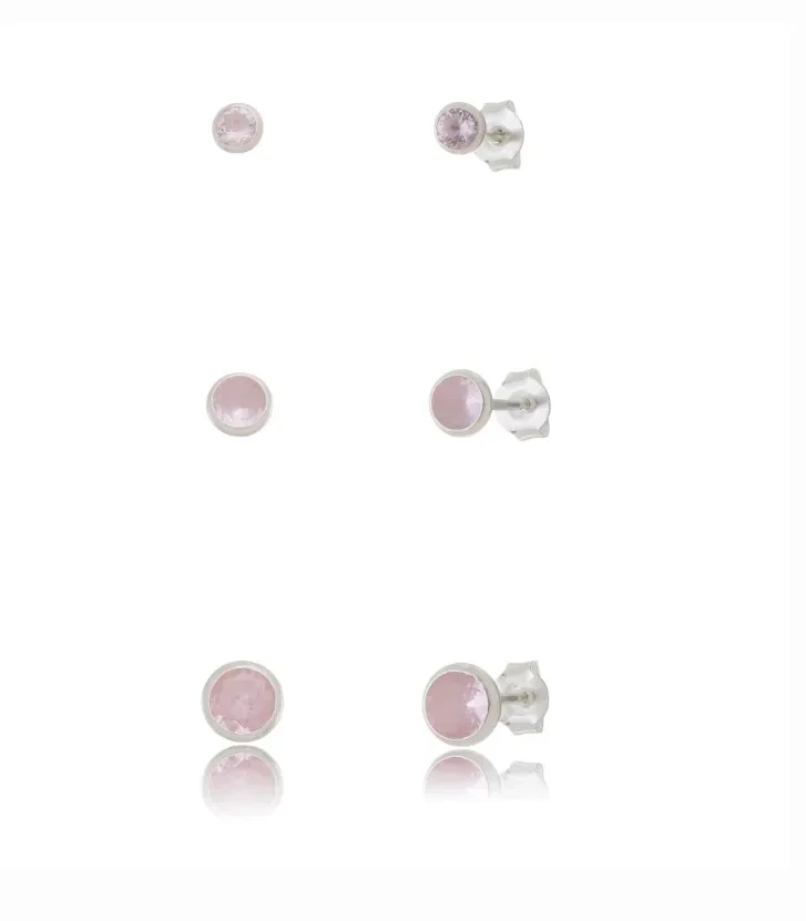 Trio de brincos zircônia embutido - 3/4/5mm - Rosa - Prata 925 - 2