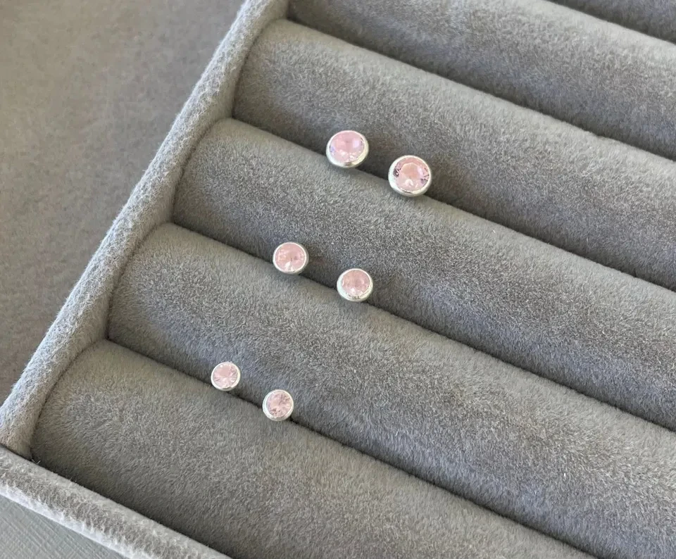 Trio de brincos zircônia embutido - 3/4/5mm - Rosa - Prata 925 - 1
