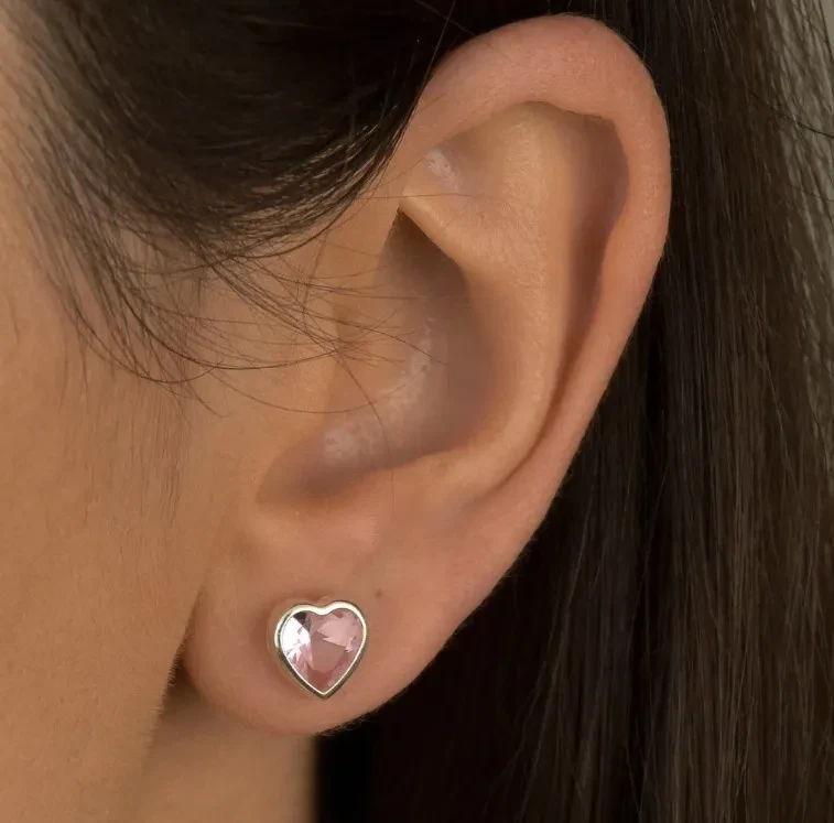 Brinco coração embutido 8x8mm - Rosa - Prata 925 - 3