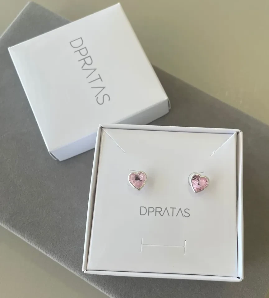 Brinco coração embutido 8x8mm - Rosa - Prata 925 - 4