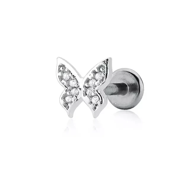 Piercing borboleta cravejada base reta PR4 prata 925 - 1