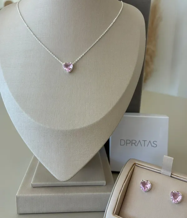 Conjunto colar + brinco coração rosa