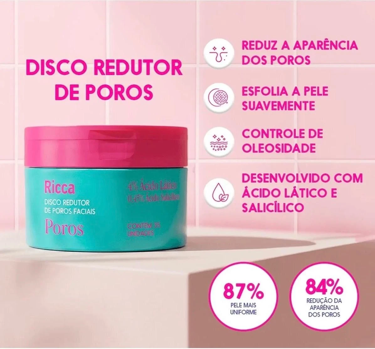 Ricca Disco Redutor de Poros Faciais 35 Unidades Ácido Lático e Salicílico  5.0 - 2