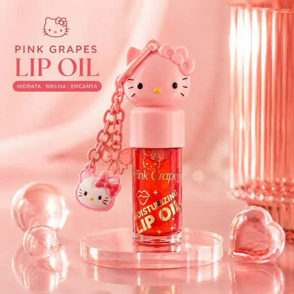 Gloss Labial Hello Kitty Pink Grapes com Pingente | Lip Oil Hidratante | Brilho Espelhado
