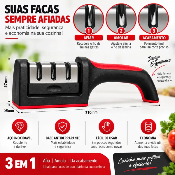 Amolador de Facas 3 em 1 Profissional com Base Antiderrapante e Cabo Ergonômico - imagem 3