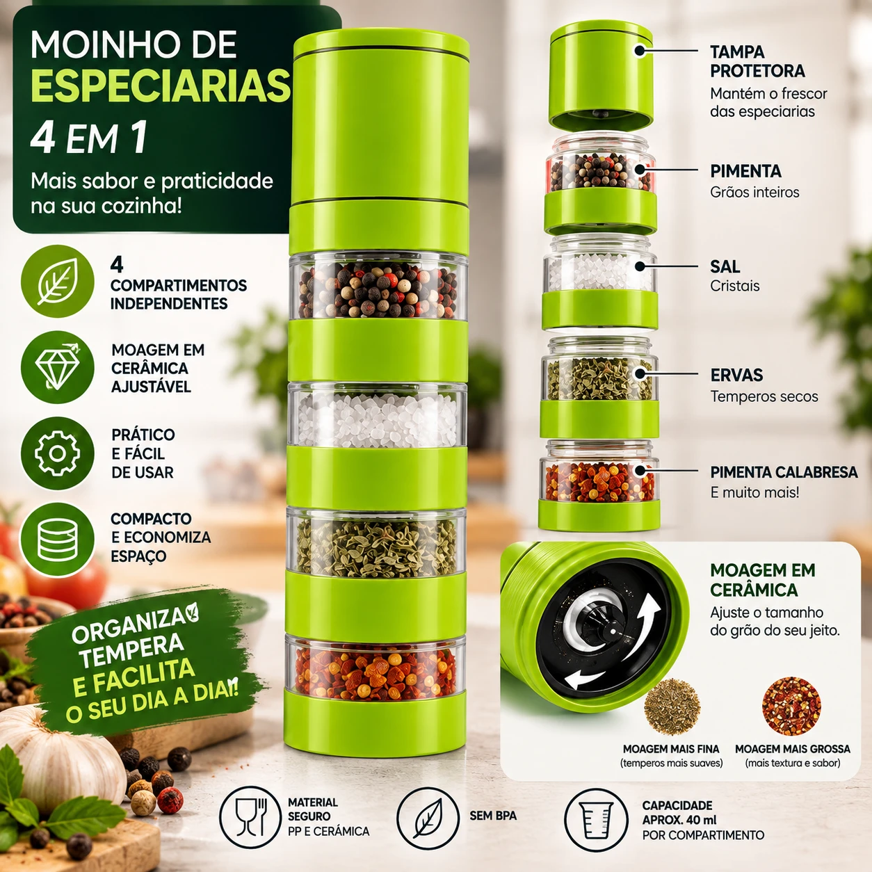Moinho de Especiarias 4 em 1 Torre Moedor Cerâmica Ajustável Verde - 5