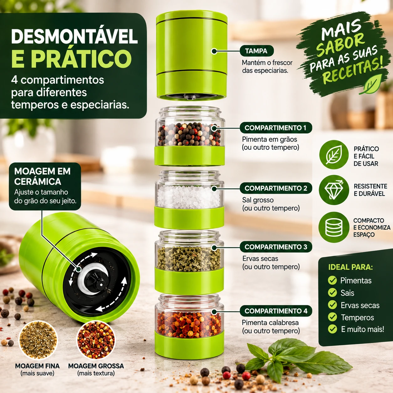 Moinho de Especiarias 4 em 1 Torre Moedor Cerâmica Ajustável Verde - 3