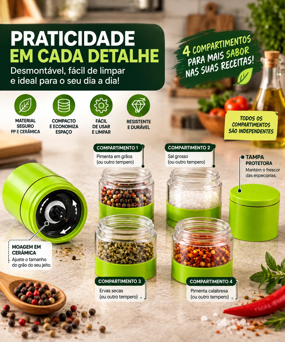 Moinho de Especiarias 4 em 1 Torre Moedor Cerâmica Ajustável Verde - 2
