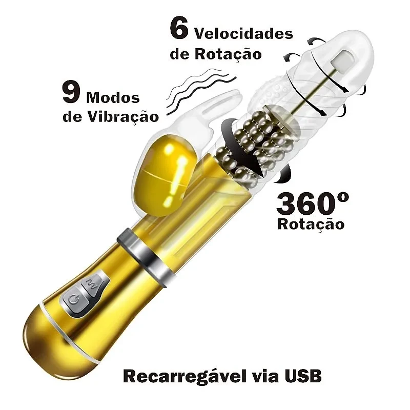 Vibrador Rotativo de Coelho - Cromado - Recarregável (8491) - 3
