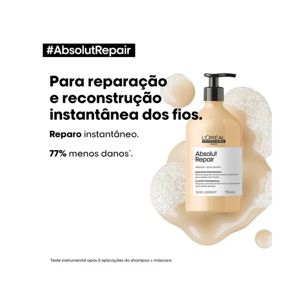 O Shampoo L'Oréal Professionnel Absolut Repair serve para reparar, reconstruir e nutrir profundamente cabelos secos, danificados e quimicamente tratados.   - 1