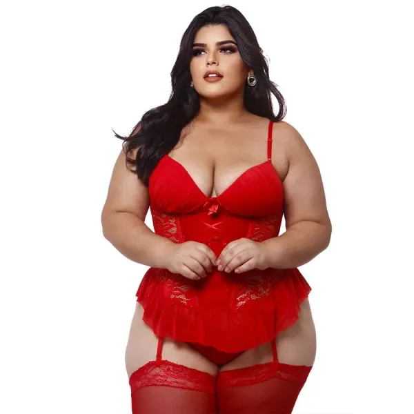 Espartilho Plus Size em Renda e Tule com Amarração e Lacinhos em Cetim Macler