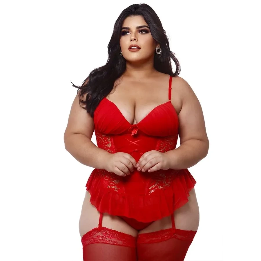 Espartilho Plus Size em Renda e Tule com Amarração e Lacinhos em Cetim Macler - 1