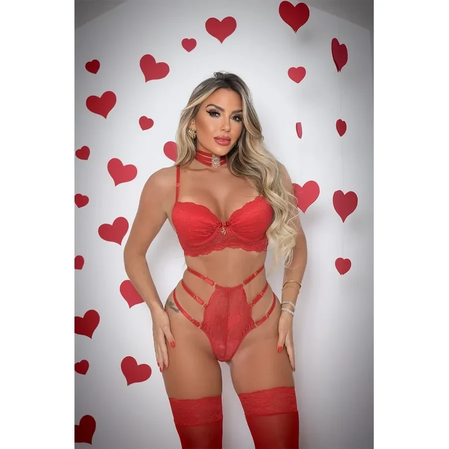 CONJUNTO COM BOJO MEIAS E CHOCKER COLEÇÃO DOCE VENENO MY FÁBRICA - 1