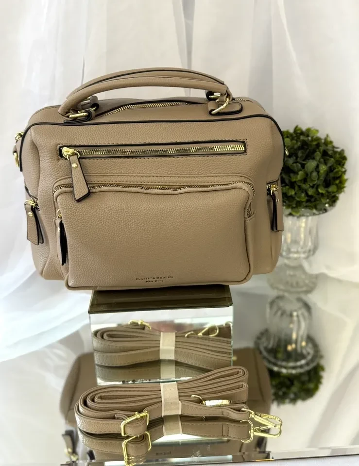 BOLSA MÉDIA BEGE COM VÁRIAS DIVISÓRIAS E BOLSOS LATERAIS - BOL 117 - 1