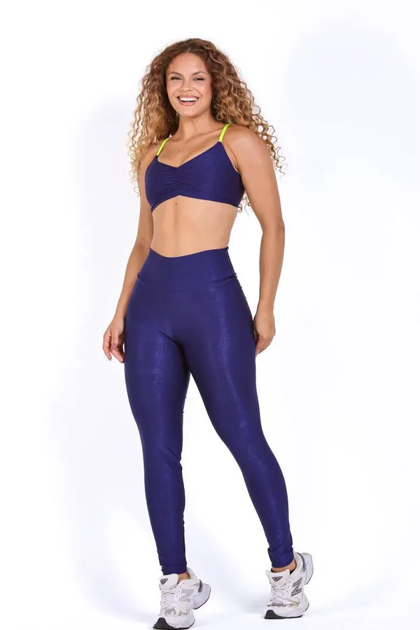 Conjunto Legging e Top Canelado - Azul Marinho e Néon - imagem 1