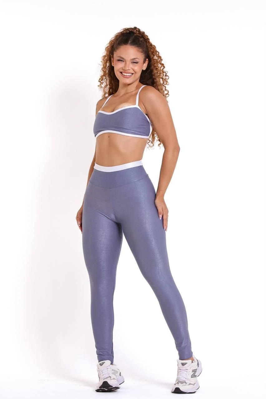 Conjunto Legging e Top Canelado - Azul Cinzento e Branco - 1