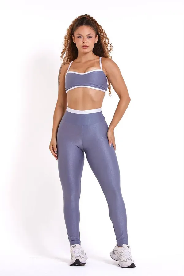 Conjunto Legging e Top Canelado - Azul Cinzento e Branco - imagem 3